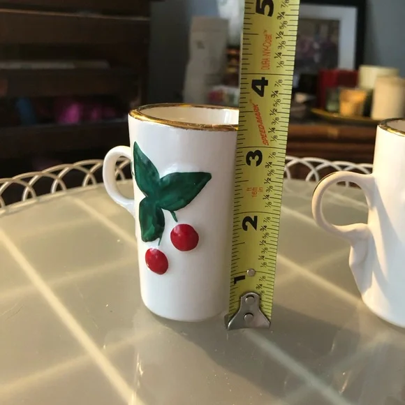 Two Red Cherry Motif Tall Espresso Mugs Cups, Ceramic - Picture 10 of 11